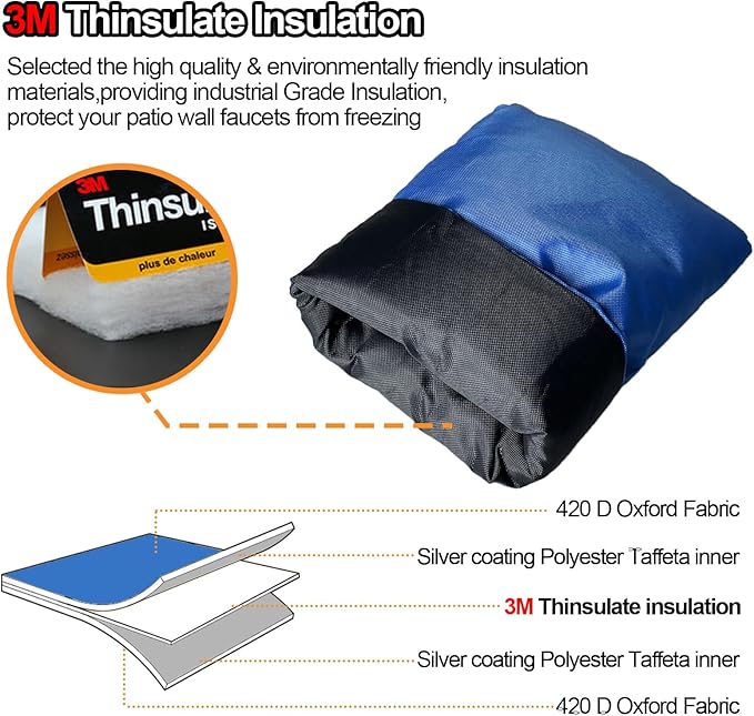 Enlarge Outdoor Faucet Cover for Winter Freeze Protection, 3M Thinsulate, 10”H x 6.3”W Hose Bib Covers for Wall Taps Outside, Waterproof & Frost Free Insulated Spigot Cover, 2 Pcs Faucet Socks - Blue