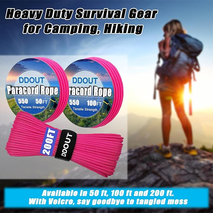 Paracord Nylon Rope Pink 100ft with 7-Strand Core, 10 Colors and 50/100/200 ft, Type III Parachute Cord 4mm for Camping, Survival, Hiking, DIY, Crafting, Outdoor Utility Rope