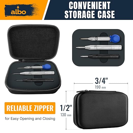 ALBO Automatic Center Punch Set – 3 Heavy Duty Spring Loaded Punch Tools for Metal, Wood, Steel – Precision Tips, Galvanized & Blackened Options, Storage Box – Ideal for DIY, Workshop & Professionals