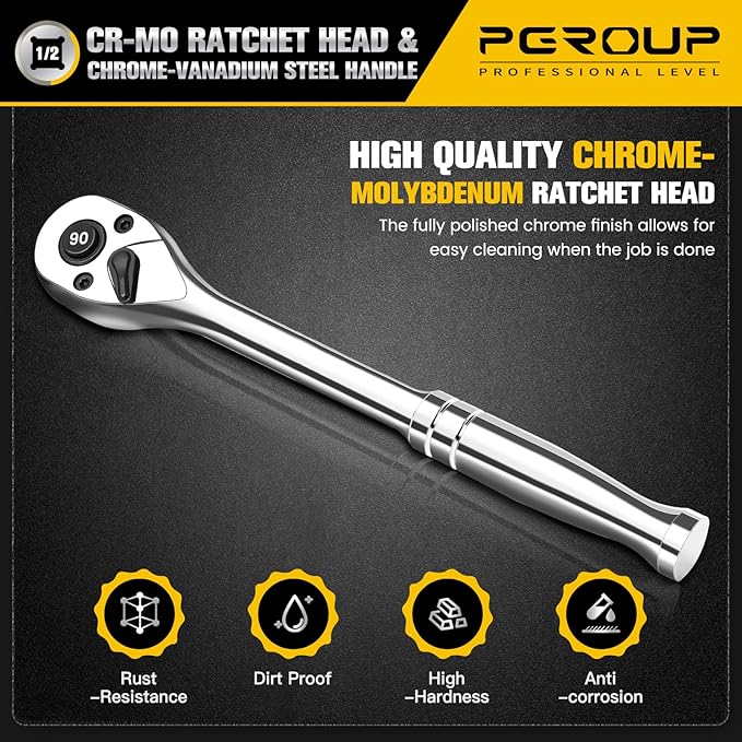 1/2-Inch Drive Ratchet Wrench, 90-Tooth Quick-release Reversible Ratchet Wrench with an Extension Bar(3 inch), 10" Long Socket wrench, 4-Degree Swing, Full Polished, Cr-Mo Head For Gifting, Repairing