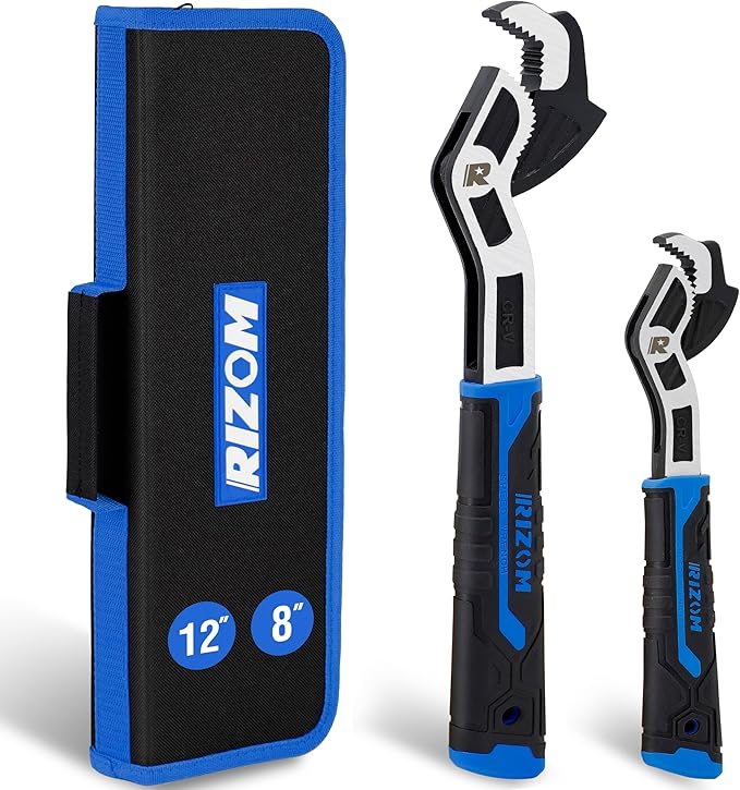 Rizom Self Adjusting Wrench, 8” and 12” Pipe Wrench, 2-Piece Self Adjustable Wrench Set with 3/8 to 1-3/4 inch Jaw Open