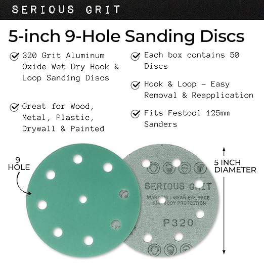 5-Inch 9-Hole 320 Grit Sanding Discs - Heavy-Duty Hook & Loop Film Discs - Sandpaper for Random Orbital Sanders - 50 Pack Box