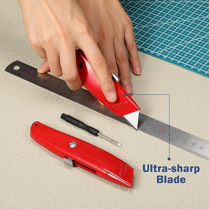Lasnten 12 Pcs Box Cutter Bulk Retractable Utility Knife Heavy Duty Aluminum Alloy Carpet Knife Package Opener Cutter Blade for Cardboard Plastics Cartons DIY Home Warehouse Office(Red)