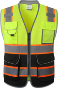 JKSafety 9 Pockets Class 2 Hi-Vis Safety Vest High Visibility Reflecitive Mesh Safety Vests for Men and Women Cushioned Collar Work Utility PPE Work Gear ANSI/ISEA compliant (101-YBlack XL)