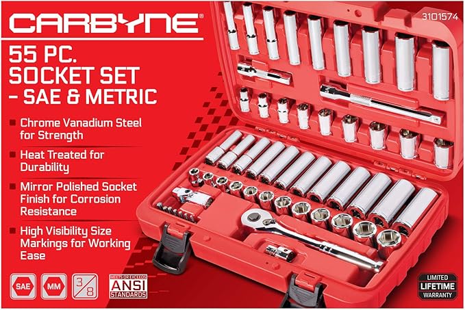 CARBYNE 3/8" Drive 6 Point Socket & Ratchet Set - 55 Piece | SAE & Metric. Includes Metric 8mm to 19mm, SAE 5/16" to 3/4". Chrome Vanadium Steel • From a Family-Run Tool Company Based in the U.S.A.