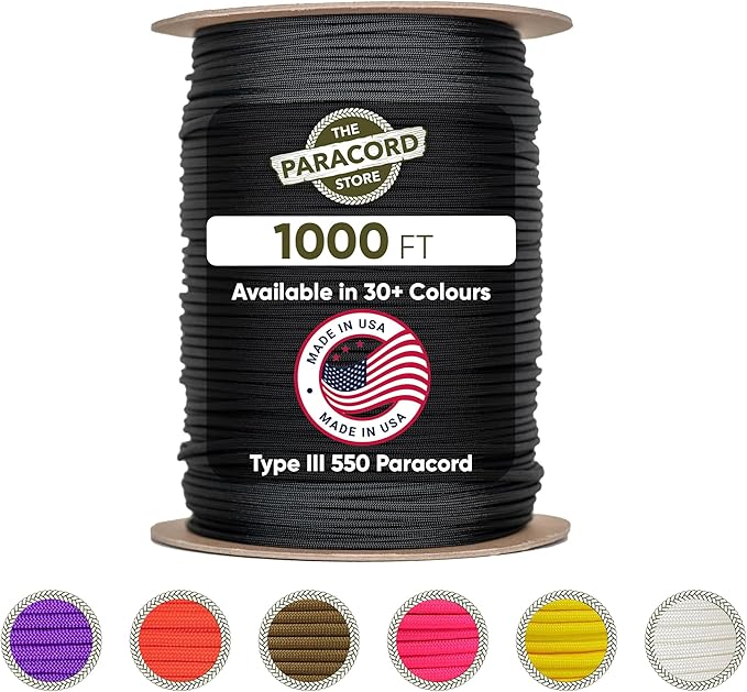 The Paracord Store | Type III 550 Paracord - 1000 FT Spool, Blank | Heavy Duty 7 Strand Tactical Paracord - USA Made Nylon Outdoor Parachute Cord for Camping, Fishing & More - Survival Cord