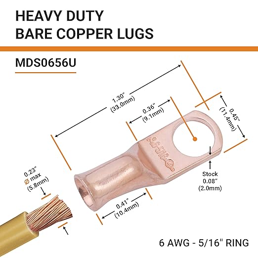 SELTERM 10pcs 6 AWG - 5/16" Stud - Heavy Duty Wire Lugs, Ring Terminals, Battery Cable Ends, 6 Gauge Terminals, UL Bare Copper Eyelets Electrical Terminal Connectors