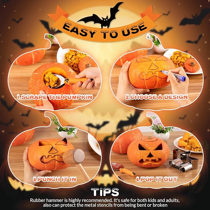 Pumpkin Carving Kit Halloween, Safe and Easy Pumpkin Carving Set for Kids, DIY Stainless Steel Pumpkin Carving Tools for Halloween Decoration Jack-O-Lanterns, Gift for Halloween(With Hammer)