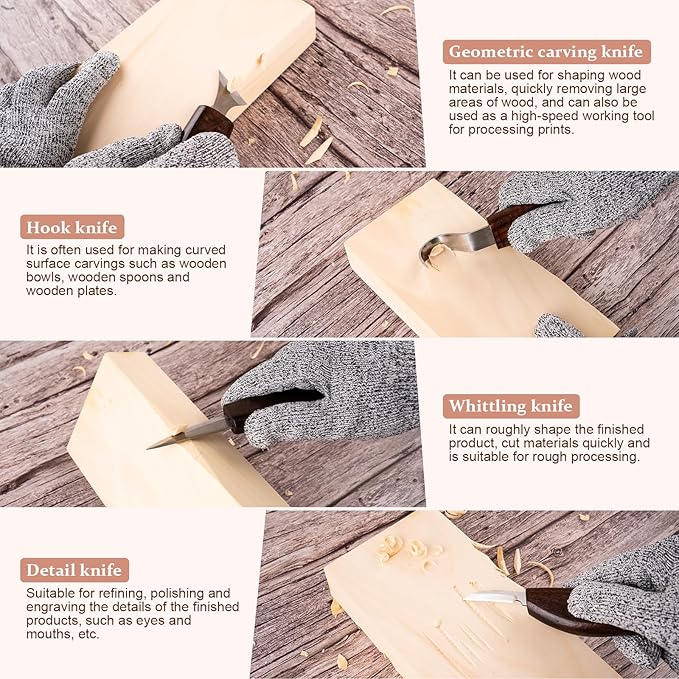 Wood Carving Tools Kit for Beginners, 4 Knives, 6 Chisels, Leather Strop, Wax, Sandpaper, Basswood & Safety Gloves - Complete Starter Set with Storage Bag, Whittling Tool Kit for DIY Woodworking