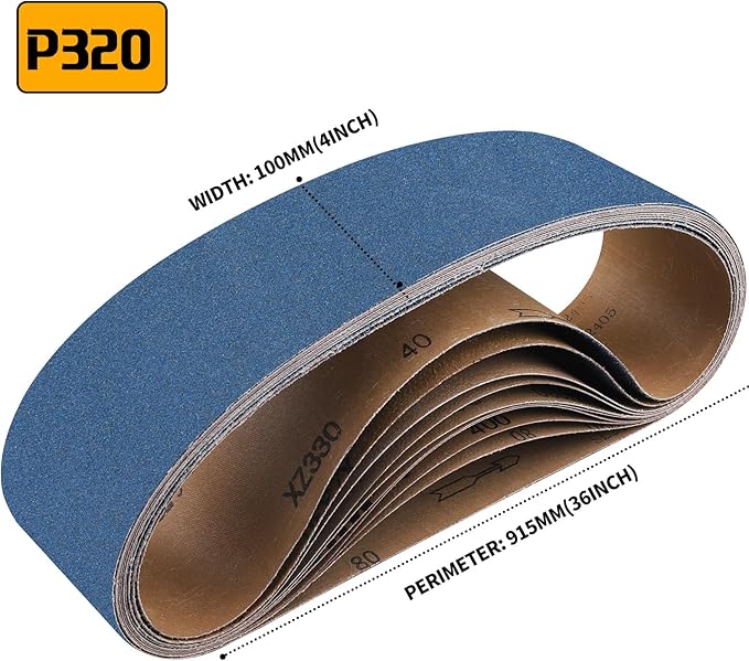 10-Piece 4 x 36 Inch 320 Grit Zirconia Sanding Belts, Heavy Duty Long-lasting Sanding Bands for Belt Sander, Rust Paint Removal, Wood Metal Grinding and Finishing