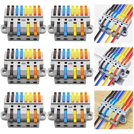 4-in-8-out Lever Terminal Block Kit, Quad Input to Eight Output Splicing Connectors, DIN Rail/Screw Fix, 28-12AWG Conductor, 6 Pack with Mounting Hardware