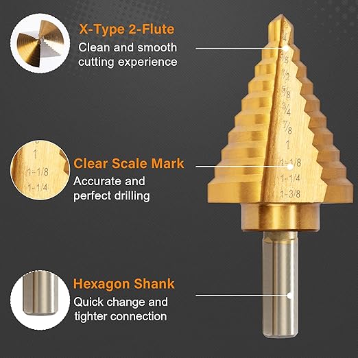 6pcs Step Drill Bit Set, High Speed Steel Unibit Drill Bits 50 Sizes with Automatic Center Punch for Sheet Metal, DIY Lovers with Aluminum Case