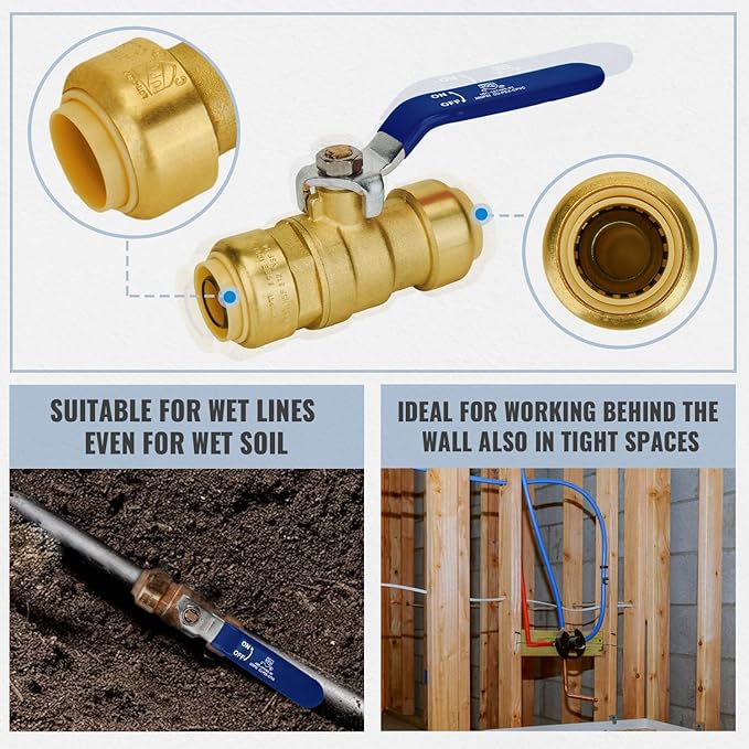 Shut Off Ball Valve 3/4 Inch, SUNGATOR 3/4 Inch Ball Valve, Push-to-Connect Water Shutoff with Blule Handle, No Lead Brass Plumbing Fittings for PEX Pipe, Copper,CPVC, Pack of 2