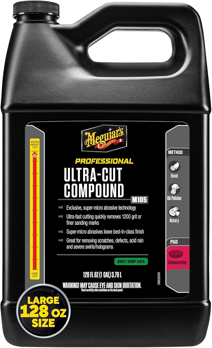 Meguiar's Mirror Glaze M105 Ultra-Cut Compound, Car Rubbing Compound for Removing Scratches and Heavy Swirls While Adding Shine, Safe and Effective on All Glossy Car Paint and Clear Coats, 1 Gallon