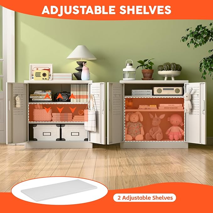 Aobabo 31.5" H Metal Storage Cabinet with 2 Shelves, Lockable Steel Cabinet with 4 Hooks for Home Office Garage, White, Assembly Required