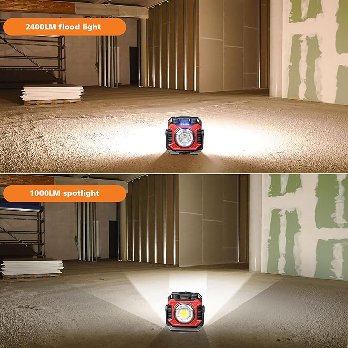 Samyoung 2 Pack 2400LM Rechargeable Work Light, 28 Hours Long Lasting Stepless 2700-8000K White Warm & Brightness Magnetic LED Work Light, Ultralight 360°Rotating Portable Light with Hook(Red)