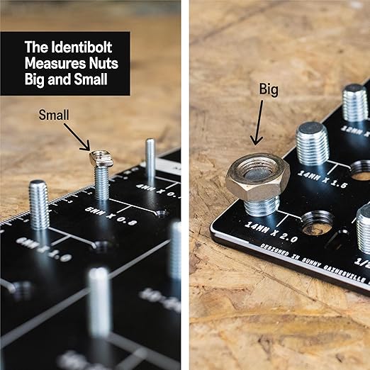 SST - Original Identibolt - Precise Threadchecker and Wall Mount - Imperial SAE and Metric Threads - 28 Nuts & Bolts Identifier - from #6 to ½ & 4mm to 14mm - in. and Cm. Rulers - Made in USA