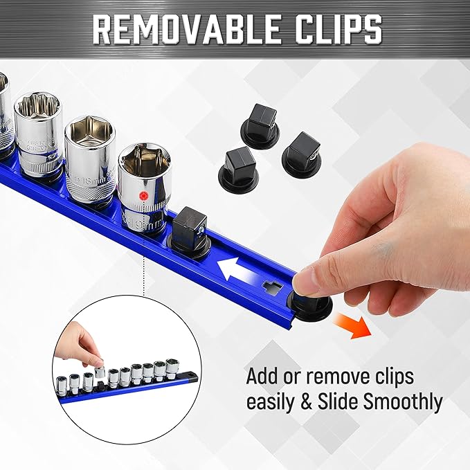 ALOANES 3-Piece Magnetic Socket Organizer, Heavy Duty Aluminum Socket Rails Organizer, 360° Swivel Clips Socket Holder Kit for Tool Box, 1/4-Inch Socket Holder x 42 Clips (Blue)