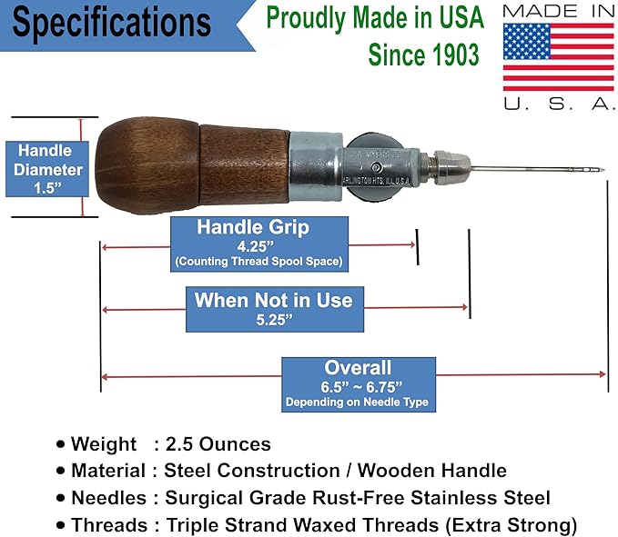 Professional Leathercraft Accessories, Sewing, Stitching Awl Tool Kit & Supplies, HEAVY DUTY - MADE in USA – DIY Craft, Leather, Heavy Fabric, Canvas, Upholstery, Bag, Shoe, Belt Repair Lockstitch Set