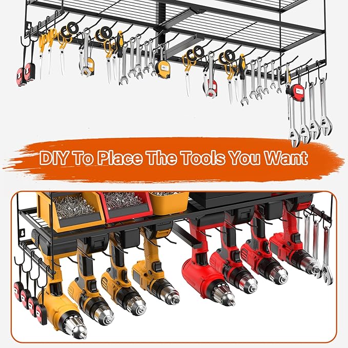 JUNNUJ Large Power Tool Organizer with 10 Outlet Power Strip, 3 Layer Wall Mount Drill Holder with Charging Station, 8 Drills Storage Shelf Shop Garage Utility Rack, Black