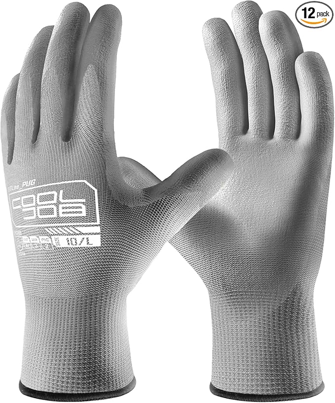 COOLJOB 12/60 Pairs Safety Work Gloves Pack Bulk with Grip PU Coating, 13 Gauge Seamless Knit Gloves with Polyurethane Dipped for Warehouse Working, Breathable Lightweight for Men Women, Grey Large