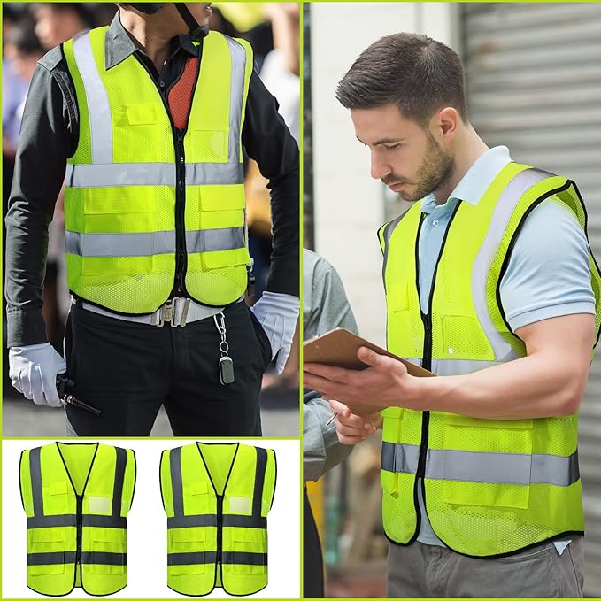 40 Pack Safety Vests Bulk Yellow Reflective High Visibility Vest with Mesh Pocket Zipper, Hi Vis Silver Strip for Men, Neon