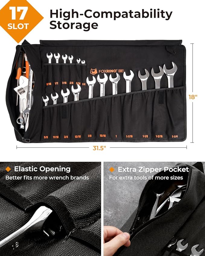 Wrench Roll, Wrench Roll Up Pouch, Gifts for Men Father Dad Mechanic, Heavy Duty Canvas Wrench Organizer Bag (Black, 17+1 SAE)