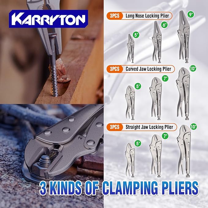 16PCS Locking Pliers Set, Carbon Steel, Fast Release, Curved Jaw, Long Nose, Straight Jaw, U-Shaped,Pinch Off,C-clamp, Chain Clamp, Sheet Metal Clamp w/Multifunction Oxford Tool Bag