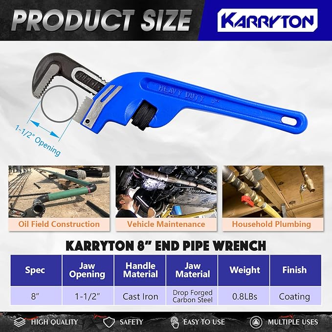 8 Inch End Pipe Wrench, Jaw Opening 1.5"/38mm Adjustable Cast Iron offset Handle Plumbing Wrench, Perfect Plumbers Tool for Oil Field, Plumbing, Auto Repair, Construction and Mechanics