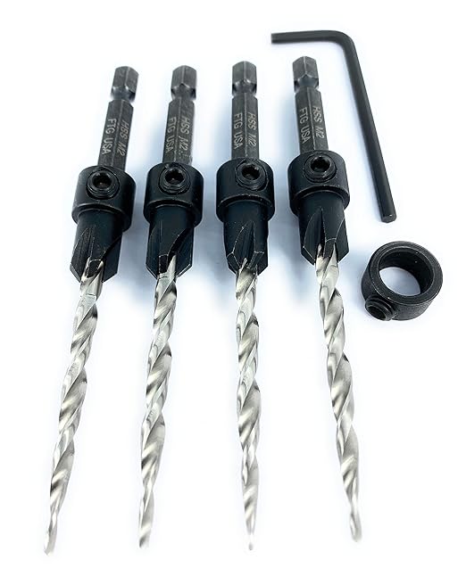 FTG USA Countersink Drill Bit Set 4 Pc #8 (11/64") Wood Bit, Tapered Bit, Stop Collar, Hex Wrench for Woodworking