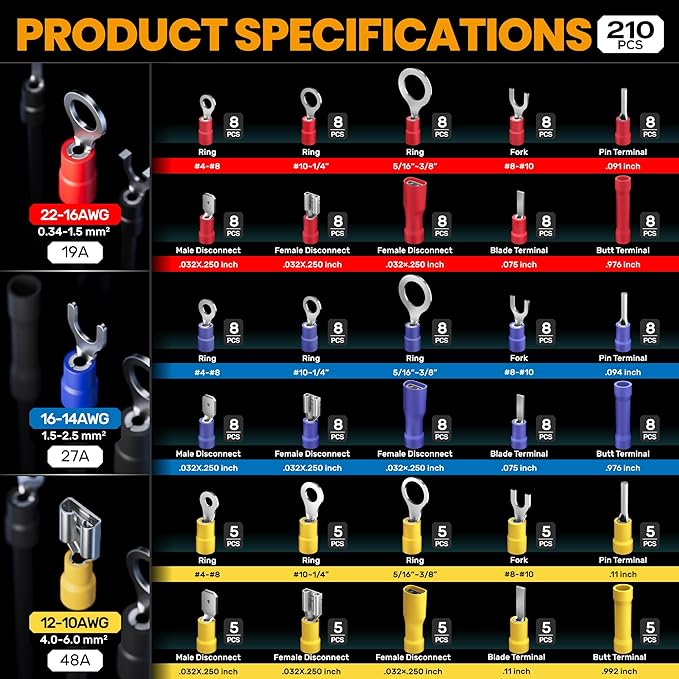 SOMELINE Wire Terminals Crimping Tool, with 30 Sizes Insulated Ratcheting Terminals Crimper Kit of AWG 22-10 Insulated Electrical Butt Bullet Spade Fork Ring Spade Splice Crimp Terminals