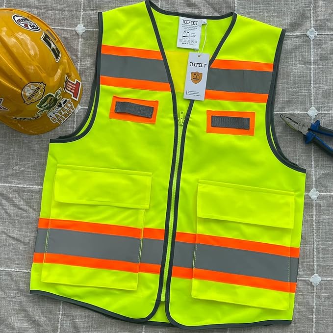 TCCFCCT Reflective Vest with Pockets Safety Vest for Men Women, High Visibility Surveyor Vest with Fluorescent Orange Extend Edge, Meets ANSI/ISEA Standards, Yellow, XL