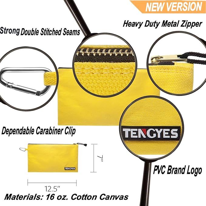 Canvas Tool Pouch Zipper Bag - 5 Pack Utility Bags Heavy Duty Metal Zippers Pouches with Carabiner, Multi Storage Organizer Clip on Tote Bags