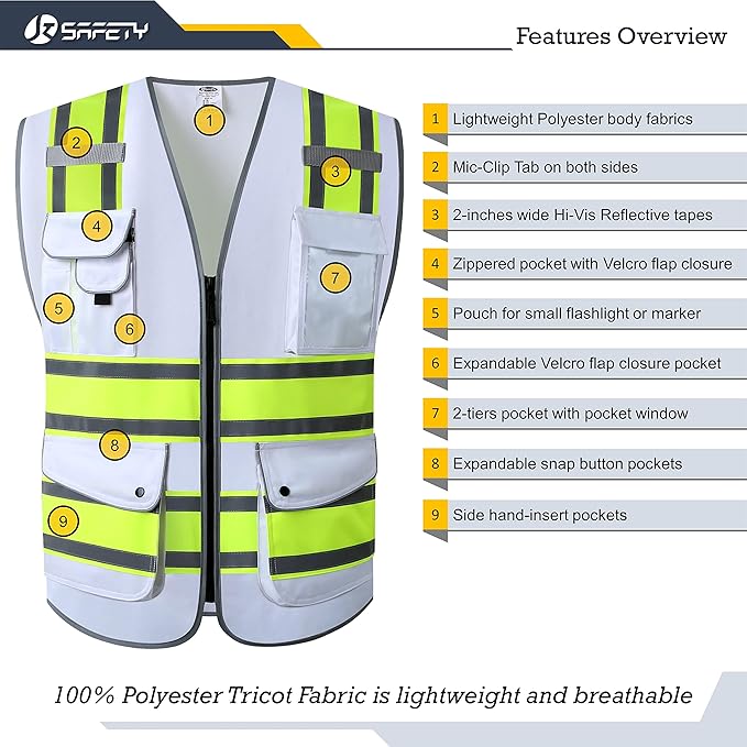 JKSafety 9 Pockets High Visibility Zipper Front Safety Vest | White with Dual Tone High Reflective Strips | Meets ANSI/ISEA Standards (901-White, X-Large)