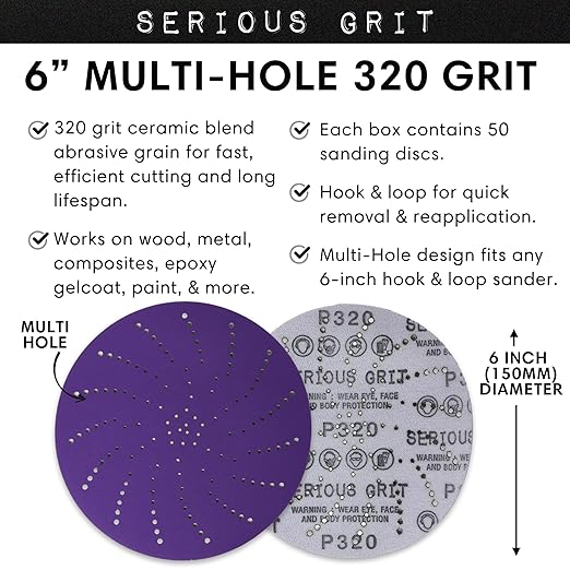 6-Inch 320 Grit Ceramic Multi-Hole Hook & Loop Sanding Discs - Advanced Grain for Fast Cutting & Long Life - Film-Backed Universal Fit Sandpaper for 6-in Sanders - 50 Pack Box
