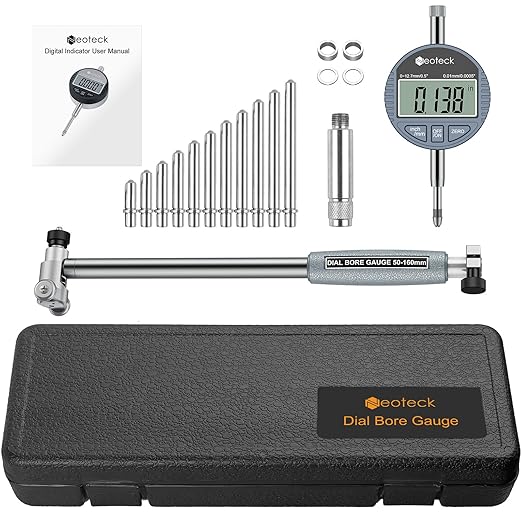 Neoteck Bore Gauge Set Digital Indicator Dial Bore Gauge (2-6"/0.0005") Measurement with Self-Centering Dial, Carbide Anvils,and Insulated Grips for Deep Engine Cylinder Measurement-Silver