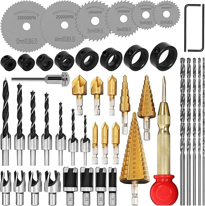 LAMPTOP 47 Pcs Woodworking Tools and Accessories, Including Countersink Drill Bit Set, Wood Plug Cutter, Step Drill Bit, Saw Blades, Drill Stop Bit Set, Long Twist Drill Bit, L-Wrench, Center Punch