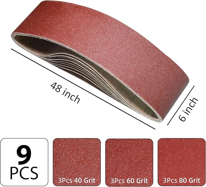 9 Pack 6x48 Sanding Belts,3 Each of 40 60 80 Grits Aluminum Oxide Belt Sander Paper,6 Inch x 48 Inch Abrasive Sanding Belts for Wood & Paint Sanding,Metal Polishing