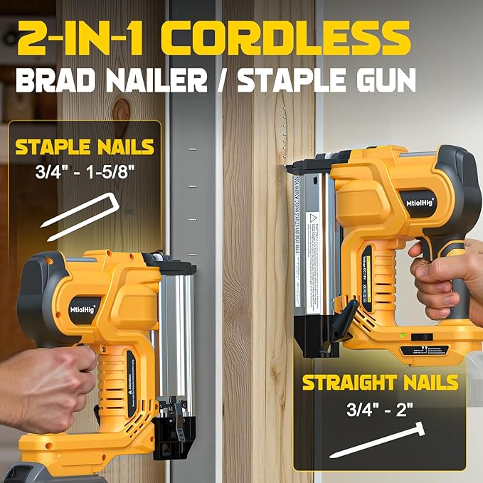 Cordless 2" Brad Nailer for Dewalt 20V Battery (No Battery), 2-in-1 Electric Nail Gun/Staple Gun, 18 Gauge Nail Gun Battery Powered with 1000 Nails for Wood Carpentry, Adjustable Depth, 2 Modes