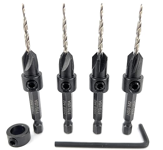 FTG USA Adjustable Wood Countersink Drill Bit Set 4 Pc #4 (7/64") with Tapered Drill Bit for Woodworking