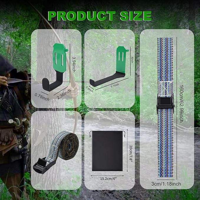 Tree Stand Strap Bow Hangers - Comes with 3 Metal Gear Hooks and 1bow Hanger Archery, for Tree Stand Platform Saddle Hunting Accessories-No Plastic Parts，Storage Bag Included