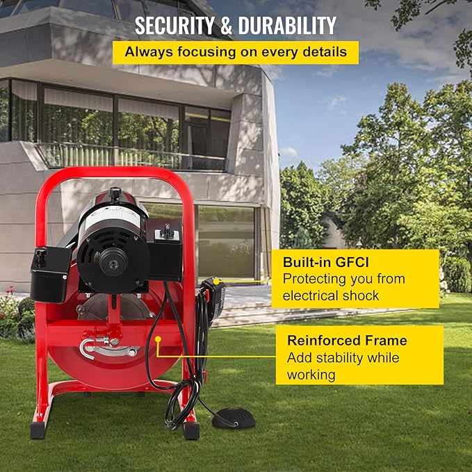 VEVOR 50FT x 1/2 Inch Drain Cleaning Machine, 250W Electric Drain Auger, Portable Sewer Snake Auger Cleaner with Cutters & Air-Activated Foot Switch for 1" to 4" Pipes, Black, Red