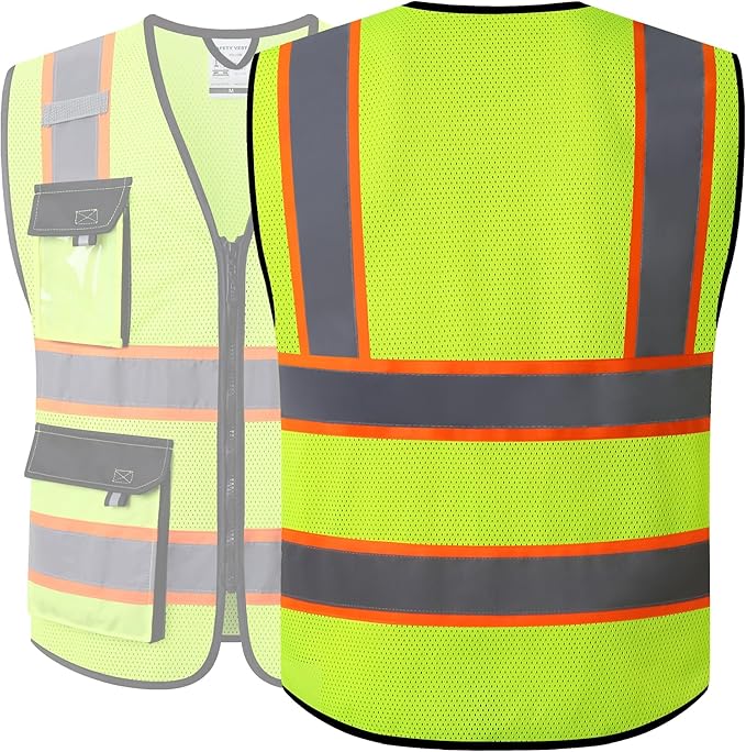 JKSafety Hi Vis Reflective Safety Vests for Men Women High Visibility Vest with Pockets Mesh Fabric Construction Safety Apparel Neon Vest for Work (220-Yellow 3XL)