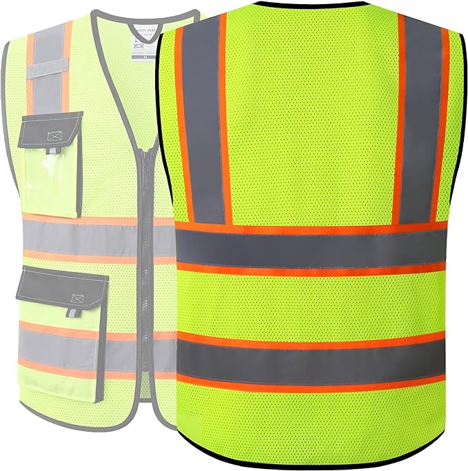 JKSafety Hi Vis Reflective Safety Vests for Men Women High Visibility Vest with Pockets Mesh Fabric Construction Safety Apparel Neon Vest for Work (220-Yellow M)