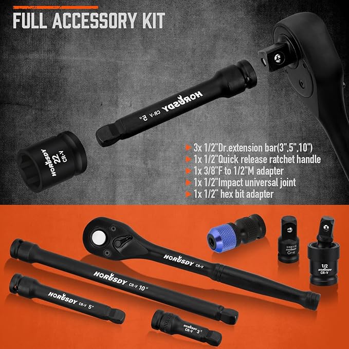 HORUSDY 1/2" Drive Impact Socket Set, 67 Piece, SAE (3/8" to 1-1/4") and Metric (8-24mm), 6 Point, Cr-V, Includes 1/2-Inch Drive Ratchet Handle, Extension Bar, Universal Joint and Adapter