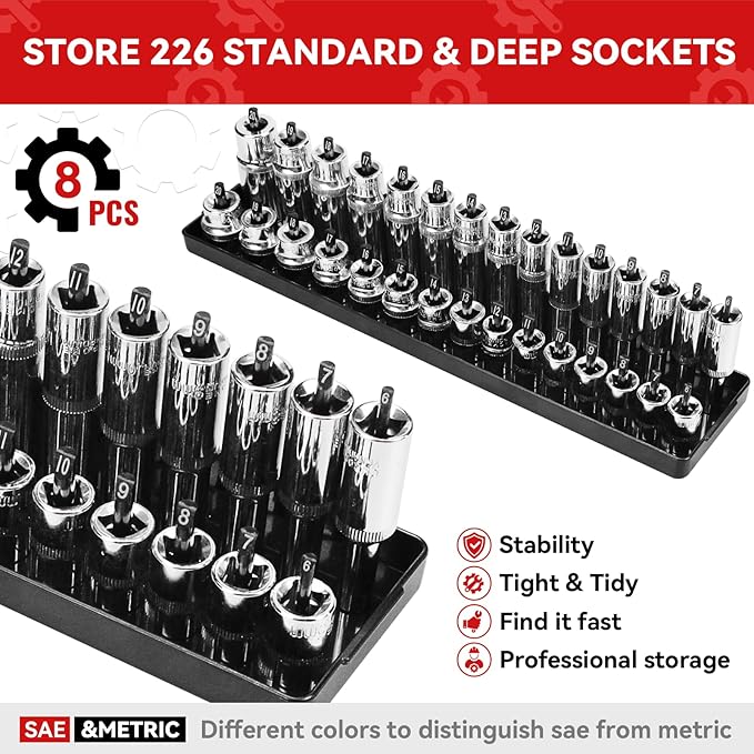 8PCS Socket Organizer Tray Set,SAE & Metric Socket Trays, 2PCS 1/4", 4PCS 3/8", 2PCS 1/2" Drive Deep and Shallow Socket Holders for Toolboxes (8pcs socket organizer (store 226 sockets）)
