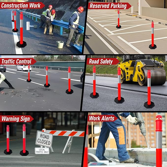 CJ Safety 44" Orange PE Delineator Post Cone, 44" Height Post, 10 lbs Recycled Rubber Base, 10" Reflective Band for Industrial (Set of 9)