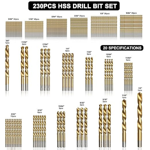 230 Pcs Drill Bit Set(1/16“-1/2”), 135° Tip Titanium Coated High Speed Steel, Twist Drill Bit Kit for Iron, Aluminum Alloy, Copper, Wood, Plastic, with Hard Storage