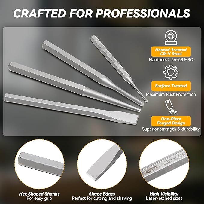 Punch and Chisel Set Heavy Duty, 16pcs CR-V Steel 5 Taper Punch，3 Cold Chisel, 2 Center Punch, 5 Pin Punch Set with Roll-Up Pouch for Metal, Wood, and Automotive Projects（16pcs）