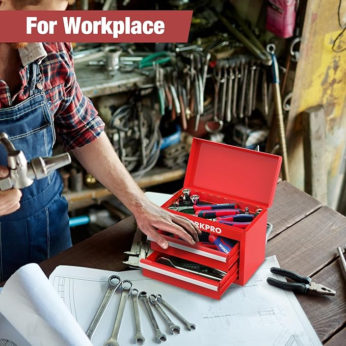 WORKPRO Mini Metal Tool Box with 2 Drawers and Top Storage, Small Tool Chest with PVC Liners and PP Feet Pads, Cold Rolled Steel Toolbox with Magnetic Tab